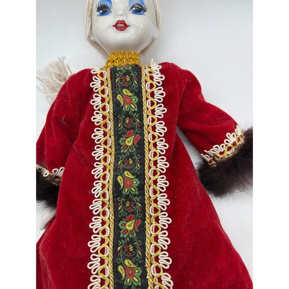 Vintage Russian Porcelain Doll Red Velvet Folk Costume Fur Embroidered Dress 16" - Picture 6 of 10